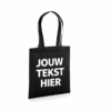 zwarte shopper met tekst Gepersonaliseerde zwarte shopper met witte voorbeeldtekst ‘Jouw tekst hier’.