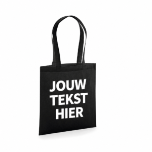 zwarte shopper met tekst Gepersonaliseerde zwarte shopper met witte voorbeeldtekst ‘Jouw tekst hier’.