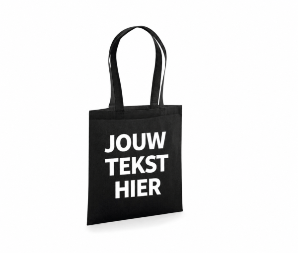 zwarte shopper met tekst Gepersonaliseerde zwarte shopper met witte voorbeeldtekst ‘Jouw tekst hier’.